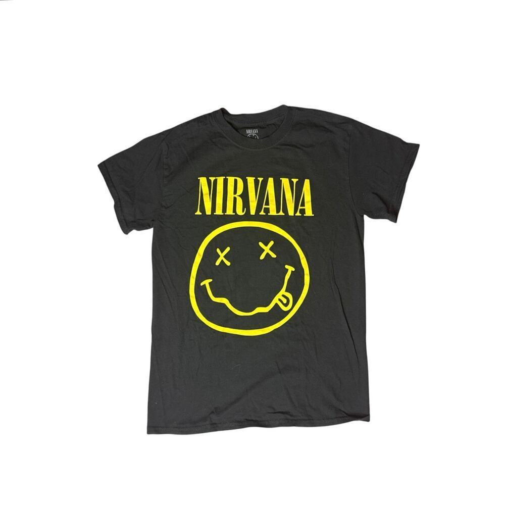 Nirvana Smiley Face Band T-Shirt Men’s Small Black 100% Cotton Grunge Rock Tee